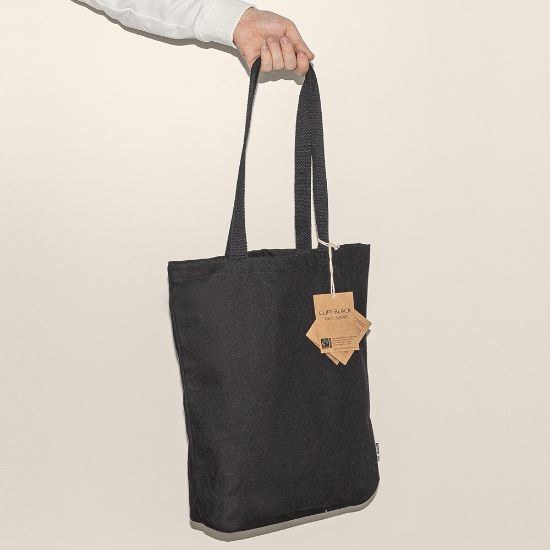 Fairtrade Baumwolltasche Schwarz mit Langen Henkeln FAIRTRADE