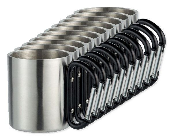 Pack mit 100 GiftRetail MO8313 - TRUMBO Becher aus Edelstahl mit Karabinerhaken als Henkel
